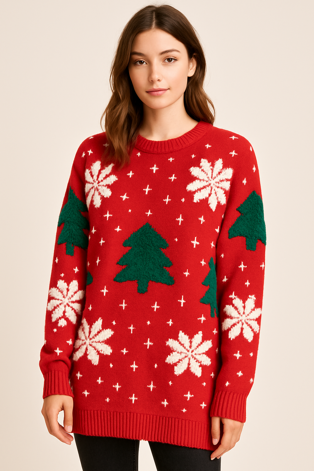 Suéter Navideño Lussi De Pinos y Copos Unitalla Perfecto Para Esta Temporada Navideña Para El Dia a Dia Casual Cómodo Moda Femenina Mexicana