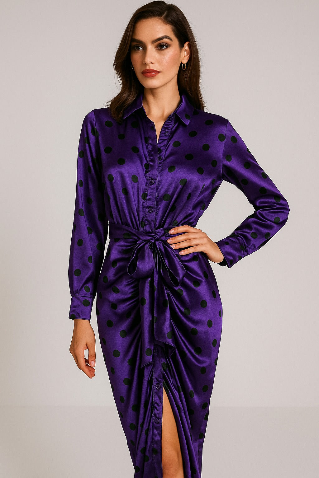 Vestido Lunares Satinado Plizado Casual Elegante Para Uso Diario Comodo Versatil Tendencia Moda Femenina Mexicana Petit Curvy Unitalla