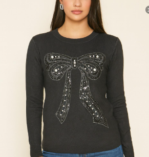 Sueter Moño Unitalla En Diferentes Colores Con Detalles Con Brillos Manga Larga Cuello Redondo Para Petit y Curvy Adaptable el Cuerpo Por el tejido