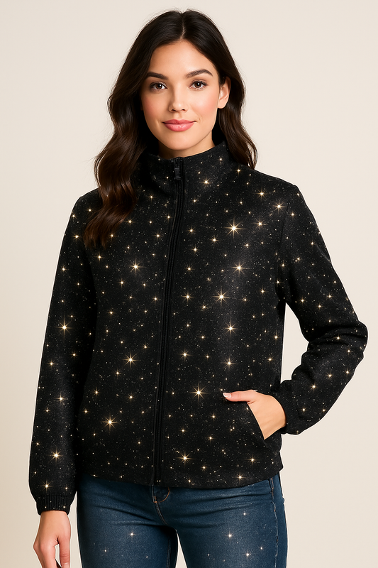 Chamarra Eli Corta Con Brillos En Toda la Chamarra Resorte En el Puño De La Manga y Garetas En La Parte De La Cintura Talla M G y XL Para Esta Temporada Moda Femenina Viral Petit Curvy