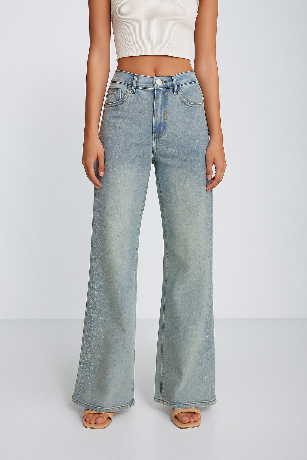 Pantalon T7088 Mezclilla Clara 5-15 Con Brillos En La Parte De Enfrente Deslavado Con Bolsas Funcionales Petit Curvy Casual Para Uso Diario Moda Femenina Tendencia Viral