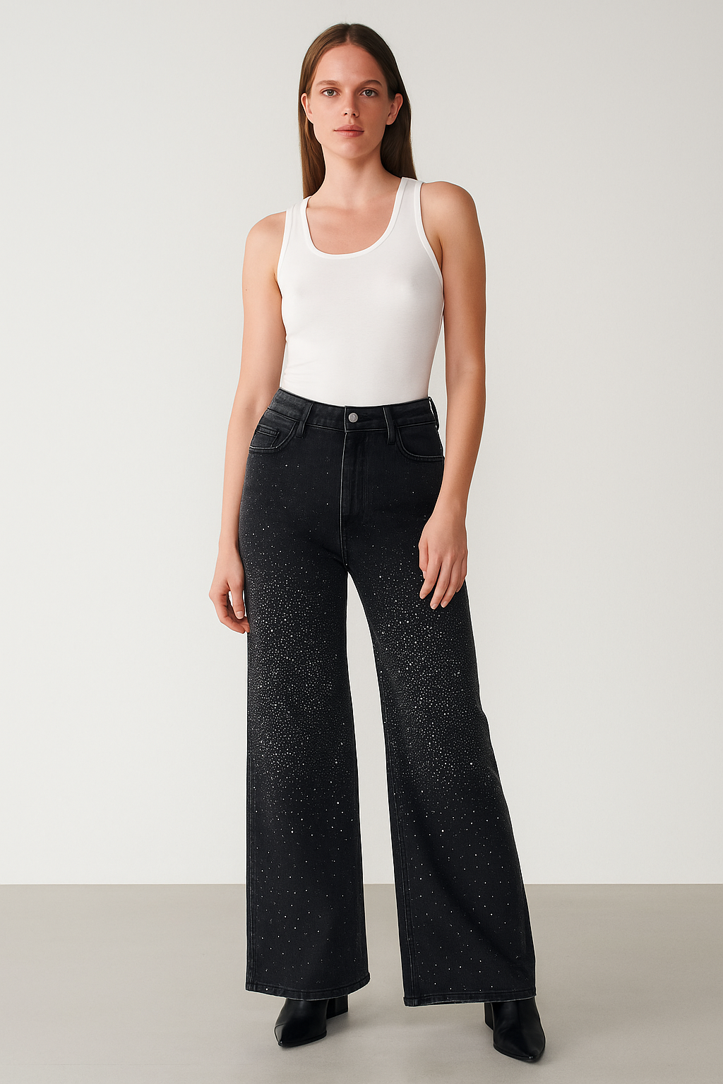 Pantalon T7056 Brillos Talla 5-15 Mezclilla Oscura Con Brillos En La Parte De Enfrente Corte Recto Para Petit y Curvy Moda Femenina Mexicana Tendencia Casual Para El Dia a Dia Viral