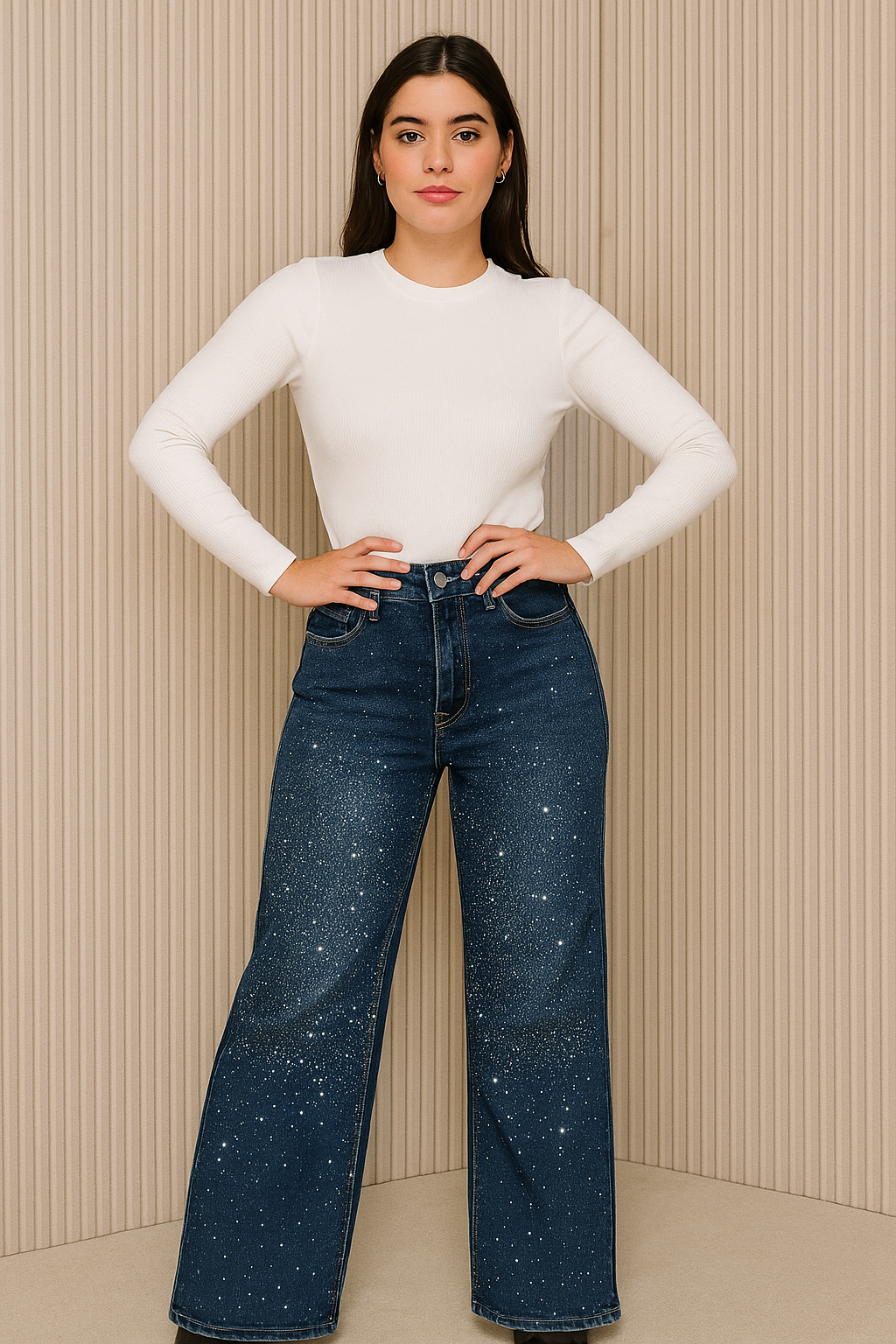 Pantalon T7078 Con Brillos En La Parte De Enfrente Bolsas Funcionales Corte Recto Tallas 3-13 Denim Azul Mezclilla  Oscuro  Moda Femenina Elegante Casual Viral tendencia Petit y Curvy Uso dia a dia