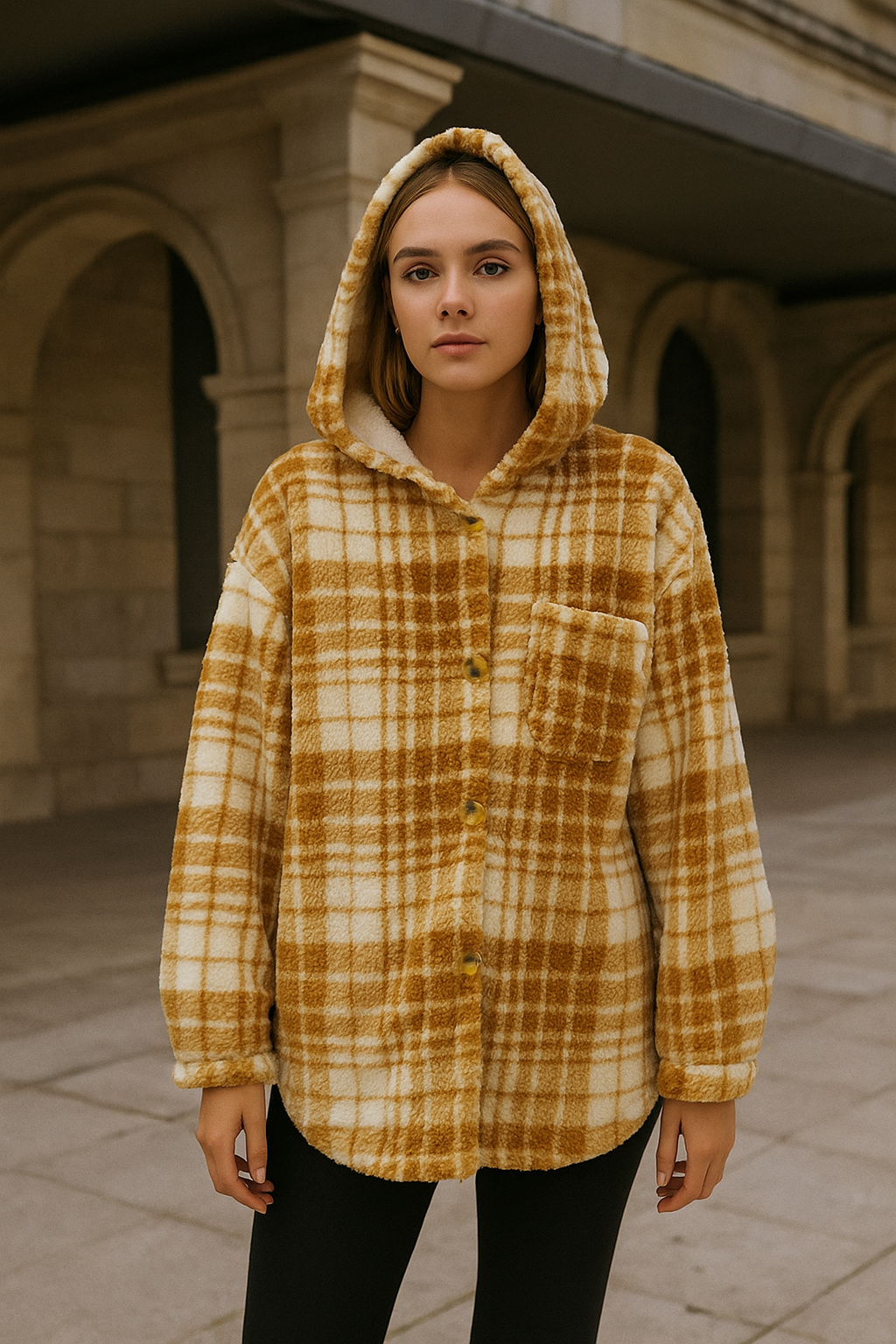 Chamarra Amber JK2137Q Teddy Con Borrego Talla S/M y G/XL Suave Con Bolsas Funcionales y Botones Carey Ideal Para invierno Con Gorra Petit Curvy Casual Moda Viral Tendencia Cuadros Calientita