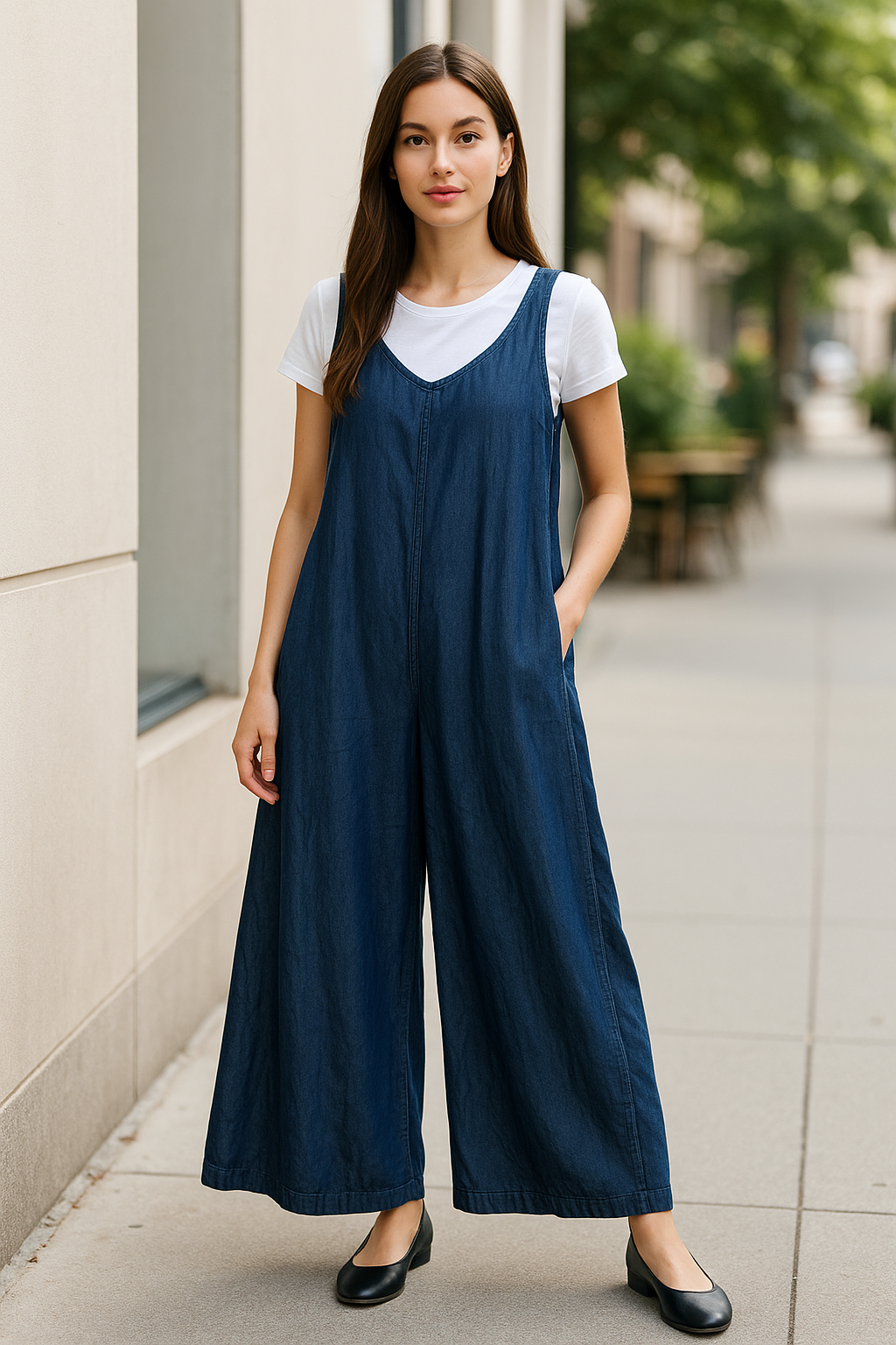 Palazzo Andrea Denim Oscuro Talla SM y  ML Tirante Grueso y Bolsas a Los Costados Con Camiseta Blanca Incluida Casual Para Petit  y Curvy Moda Mexicana Para El Dia Dia