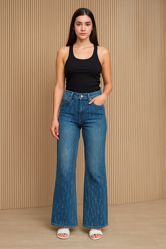 Pantalon T7050 Denim Con Brillos Corte Recto Con Bolsas Funcionales Jeans Petit Curvy Moda Femenina Tendencia Viral Adaptable