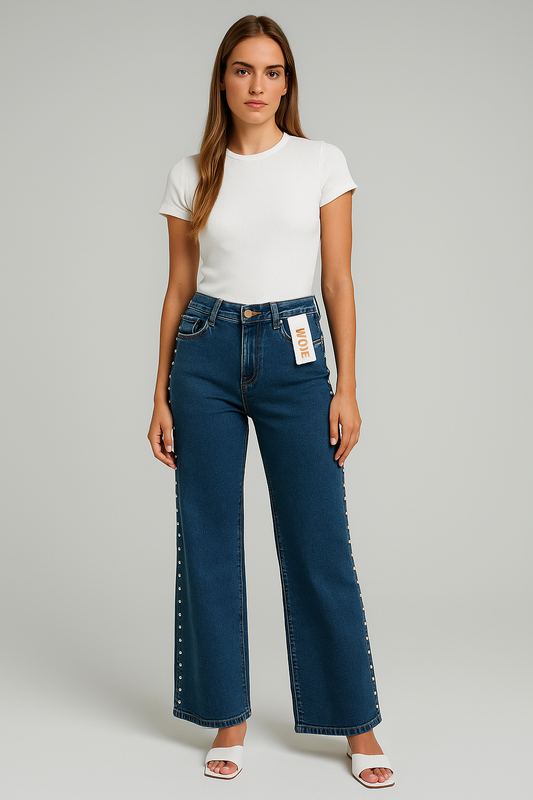 Pantalon DF175 Con Estoperol y Perlas Bolsas Funcionales Mezclilla Oscura Talla 3-13 Corte Recto Moda Femenina Tendencia Viral Petit Curvy