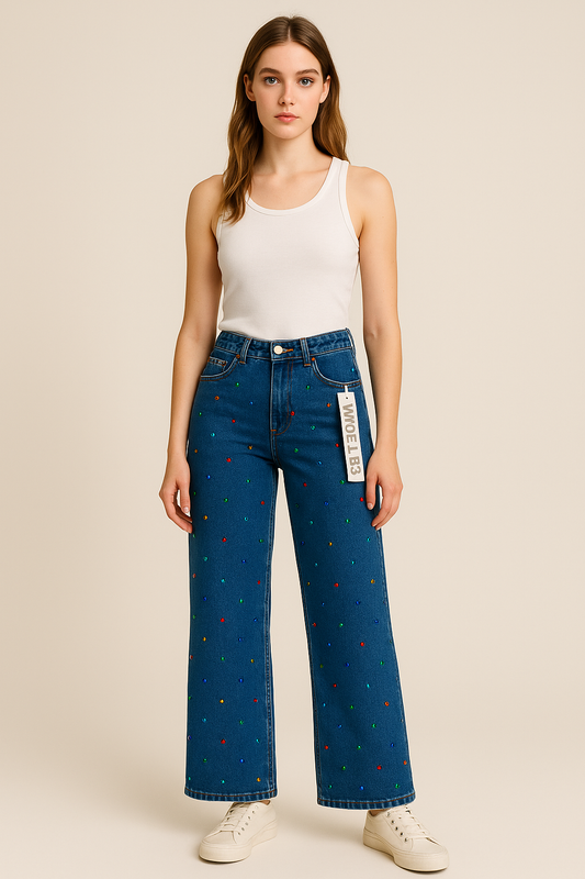 Pantalon DF182 Talla 3-13 Mezclilla Oscura Con Brillos De Colores Para Petit Curvy Tendencia Viral Femenina Casual Uso Diario