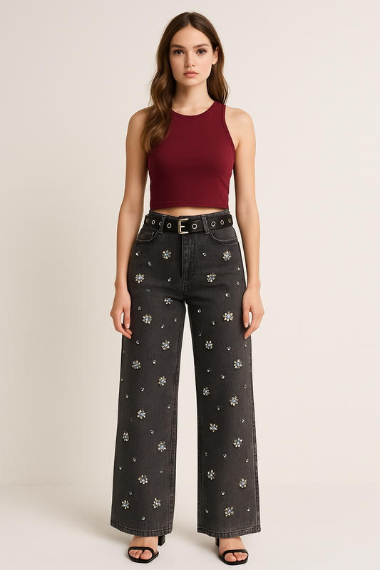 Pantalón LM1081 Mezclilla Oscuro y Claro Tallas M y L  Petit Curvy Ideal Para Uso Diario Casual Con Flores De  brillos Platas Moda Femenina Mexicana Viral tendencia