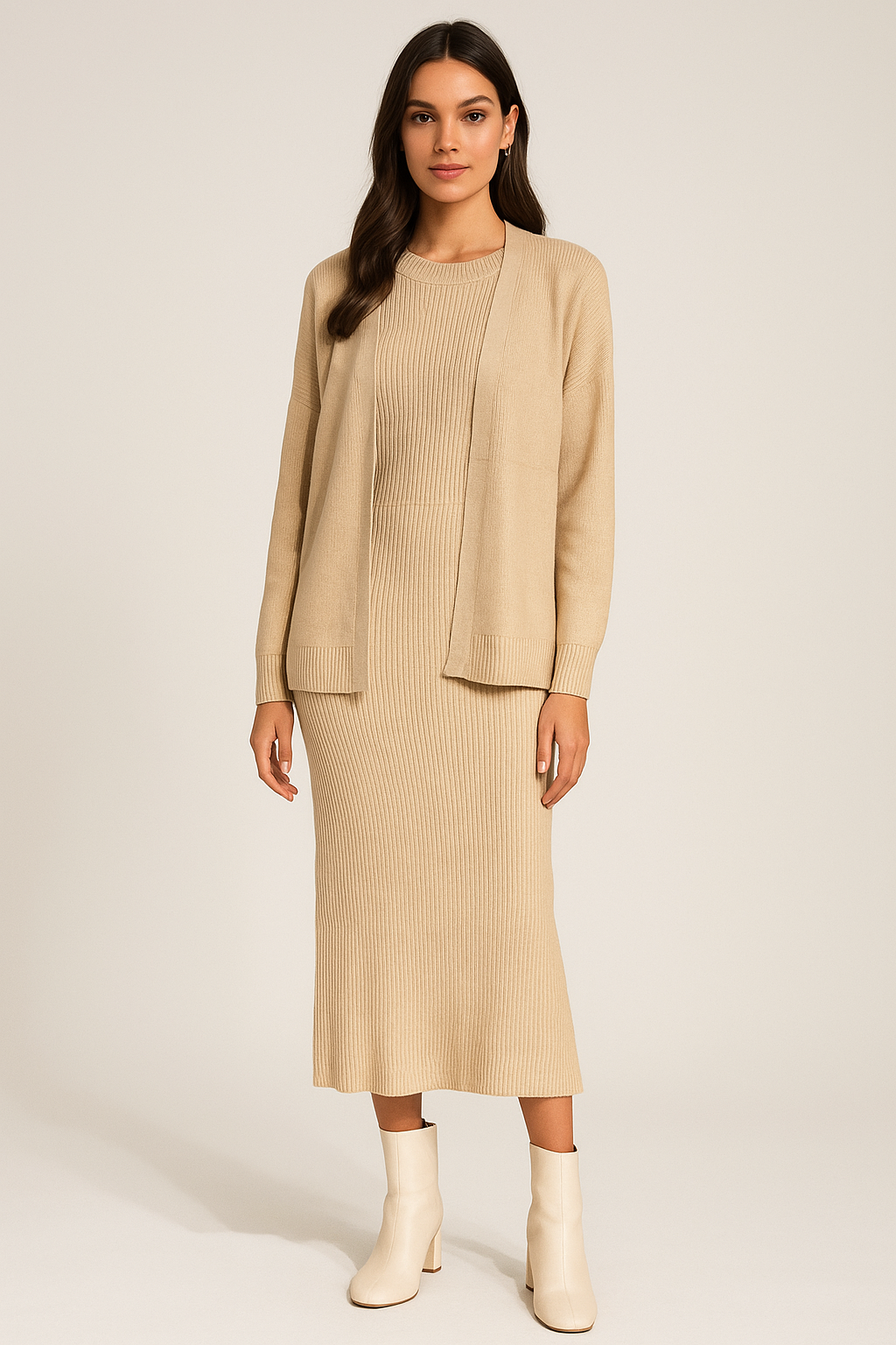 Vestido Mari Tejido Unitalla con Suéter Cárdigan  Petit Curvy Moda Femenina Mexicana Para el Día Dia