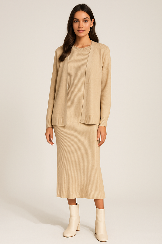 Vestido Mari Tejido Unitalla con Suéter Cárdigan  Petit Curvy Moda Femenina Mexicana Para el Día Dia