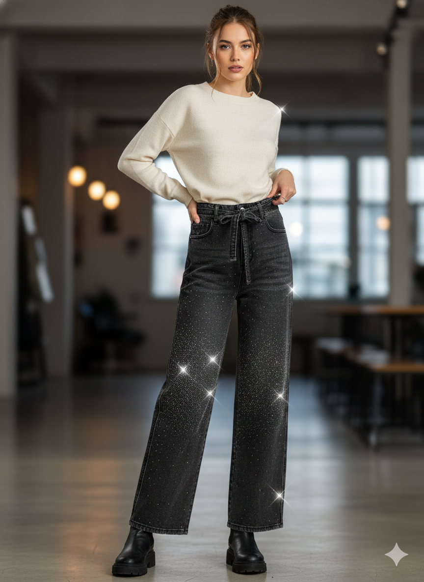 Pantalon BW3027 Denim Negro Deslavado Con Jareta Incluida Corte Recto 3-13 Para Mujer Ideal Para Uso Diario Viral tendencia Moda Femenina