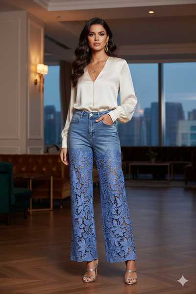 Pantalon 41486 Flowers. Comodo, Elegante, Sofisticado, Con Un Bordado Floral Satinado,  Es Super Femenino, Destaca Glamour Y Versatilidad, Es La Combinacion Entre Mezclilla Y Bordado.