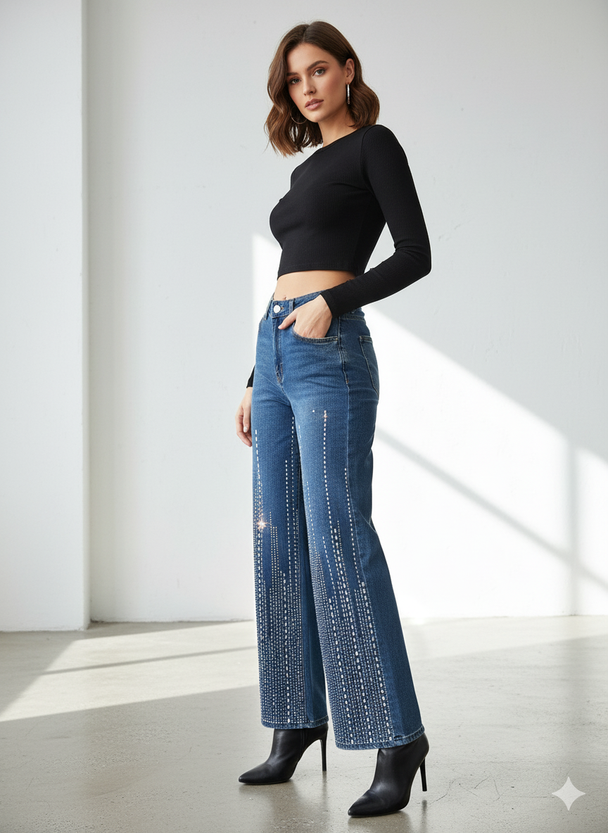 Pantalon LM1077 Mezclilla Clara Oscura Negro En Talla S M y G Con Brillos En La Parte De Abajo Petit Curvy Casual Para Cualquier Cuerpo Uso Diario