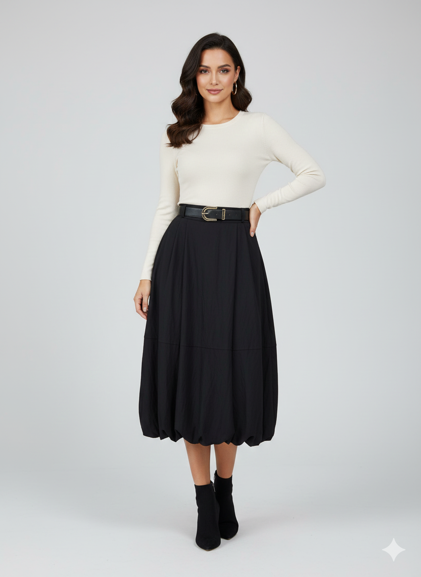 Falda M53907 Globo Con Cinturon. Prenda Elegante, Sofisticado, Versatil, Femenino, Para Eventos Formales Como Para Looks De Ofincina.