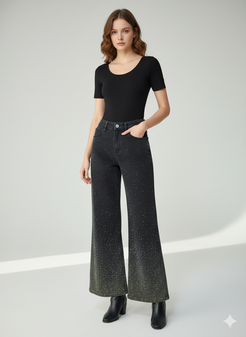 Pantalon LM1076 S M y G Con Brillos Enfrente y Atras Denim Ideal Para Petit y Curvy Casual Corte Recto  Con Bolsas Funcionales Para Uso Diario Moda Femenina Mexicana