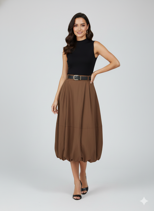 Falda M53907 Globo Con Cinturon. Prenda Elegante, Sofisticado, Versatil, Femenino, Para Eventos Formales Como Para Looks De Ofincina.