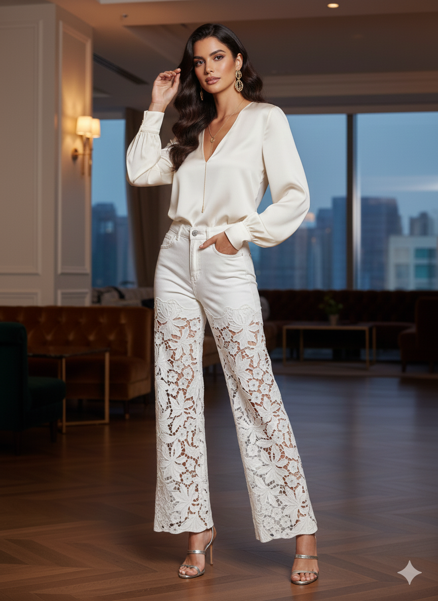 Pantalon 41486 Flowers. Comodo, Elegante, Sofisticado, Con Un Bordado Floral Satinado,  Es Super Femenino, Destaca Glamour Y Versatilidad, Es La Combinacion Entre Mezclilla Y Bordado.