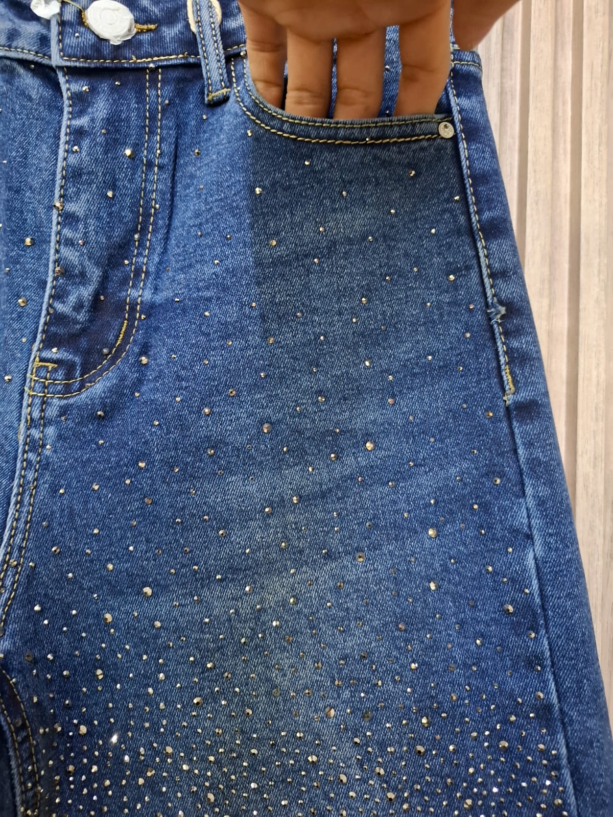 Pantalon T7078 Con Brillos En La Parte De Enfrente Bolsas Funcionales Corte Recto Tallas 3-13 Denim Azul Mezclilla  Oscuro  Moda Femenina Elegante Casual Viral tendencia Petit y Curvy Uso dia a dia