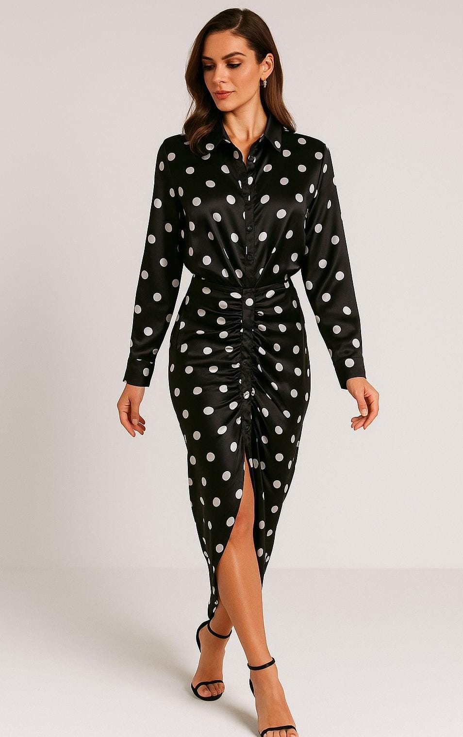 Vestido Lunares Satinado Plizado Casual Elegante Para Uso Diario Comodo Versatil Tendencia Moda Femenina Mexicana Petit Curvy Unitalla