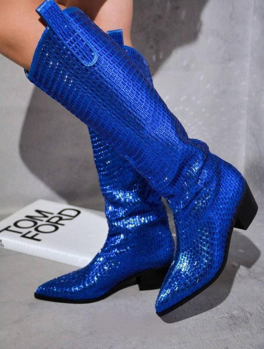 Botas Espes Con Brillos En Toda La Bota Colores De Temporada Tallas Variadas Tacon 5cm Para Ocasiones Especiales Casual Formal Petit Curvy Con Pedreria Tipo Espejo