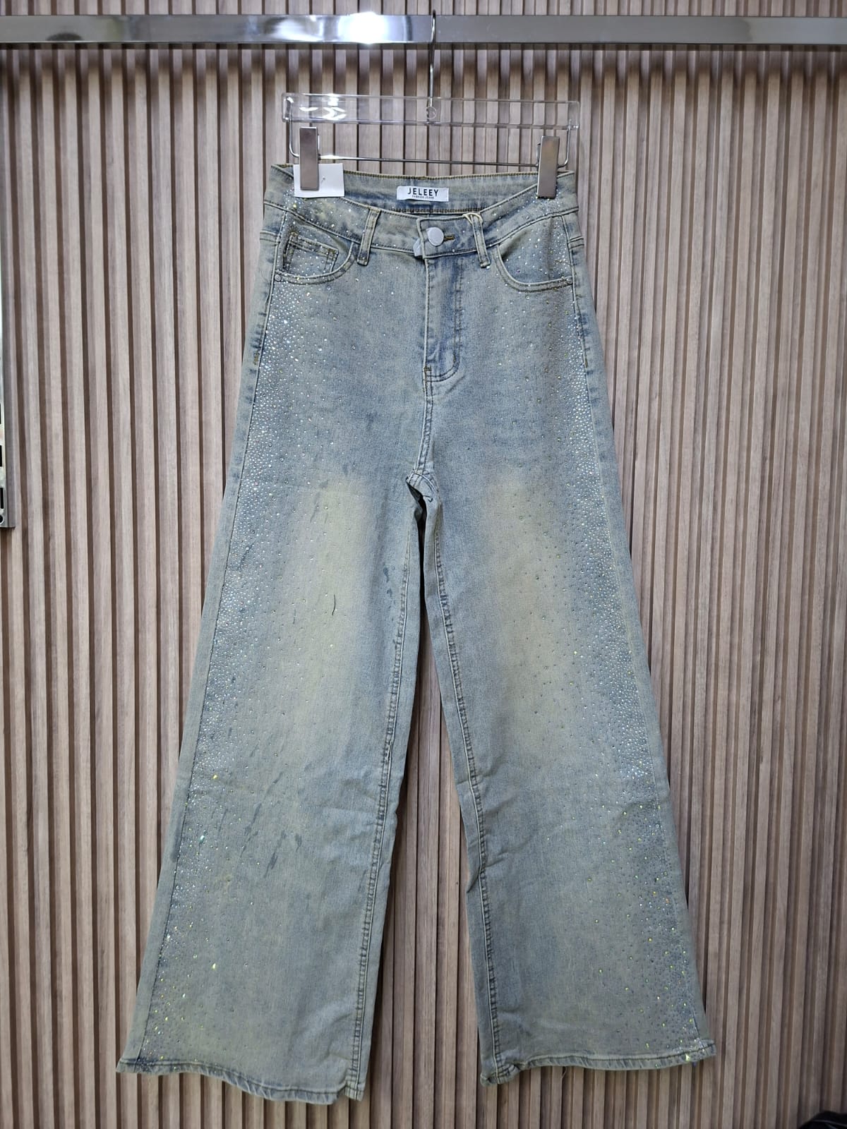 Pantalon T7088 Mezclilla Clara 5-15 Con Brillos En La Parte De Enfrente Deslavado Con Bolsas Funcionales Petit Curvy Casual Para Uso Diario Moda Femenina Tendencia Viral