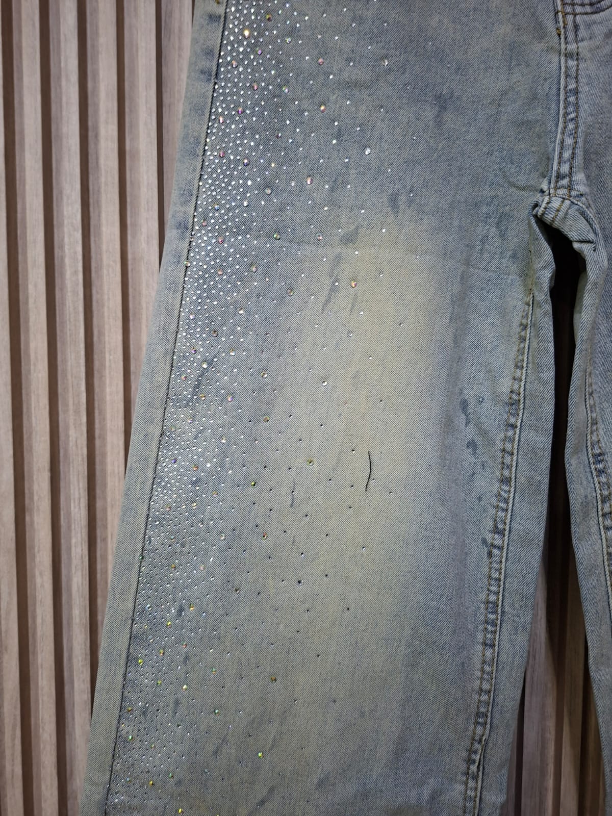 Pantalon T7088 Mezclilla Clara 5-15 Con Brillos En La Parte De Enfrente Deslavado Con Bolsas Funcionales Petit Curvy Casual Para Uso Diario Moda Femenina Tendencia Viral