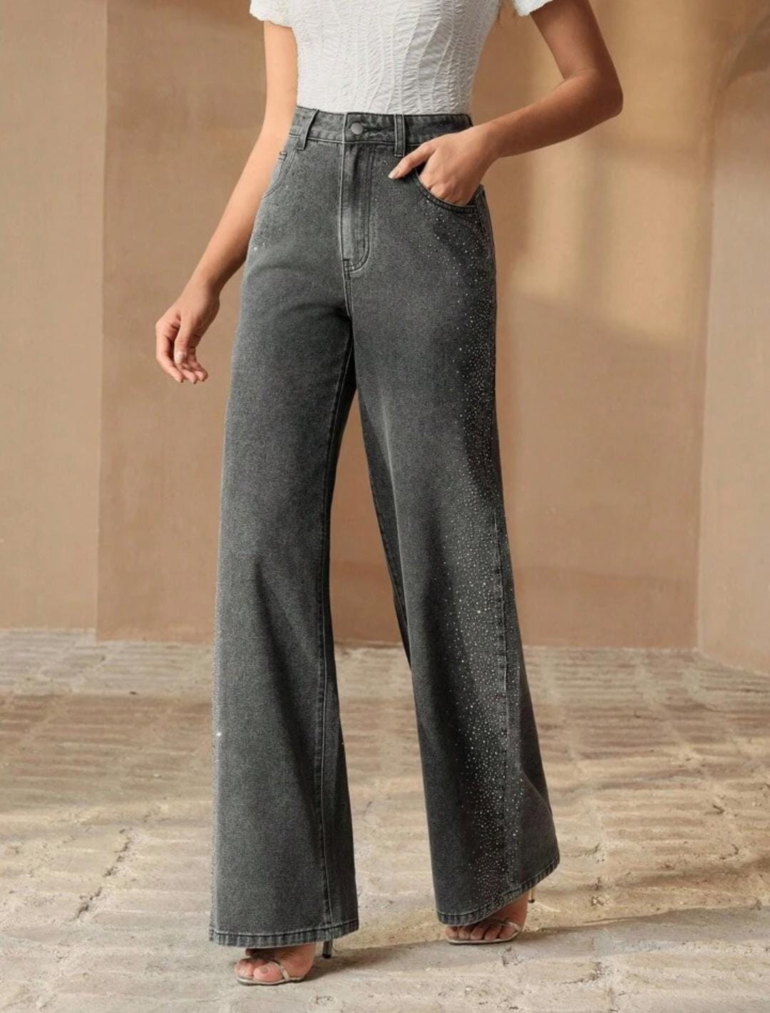 Pantalón Wide Leg Gris Oscuro con Aplicación de Brillantes T7059 TALLA 5-15, Ideal Para Uso  Diario, Para Petit Y Curvy, Moda Femenina, Tendencia Viral, Casual Y Elegante.