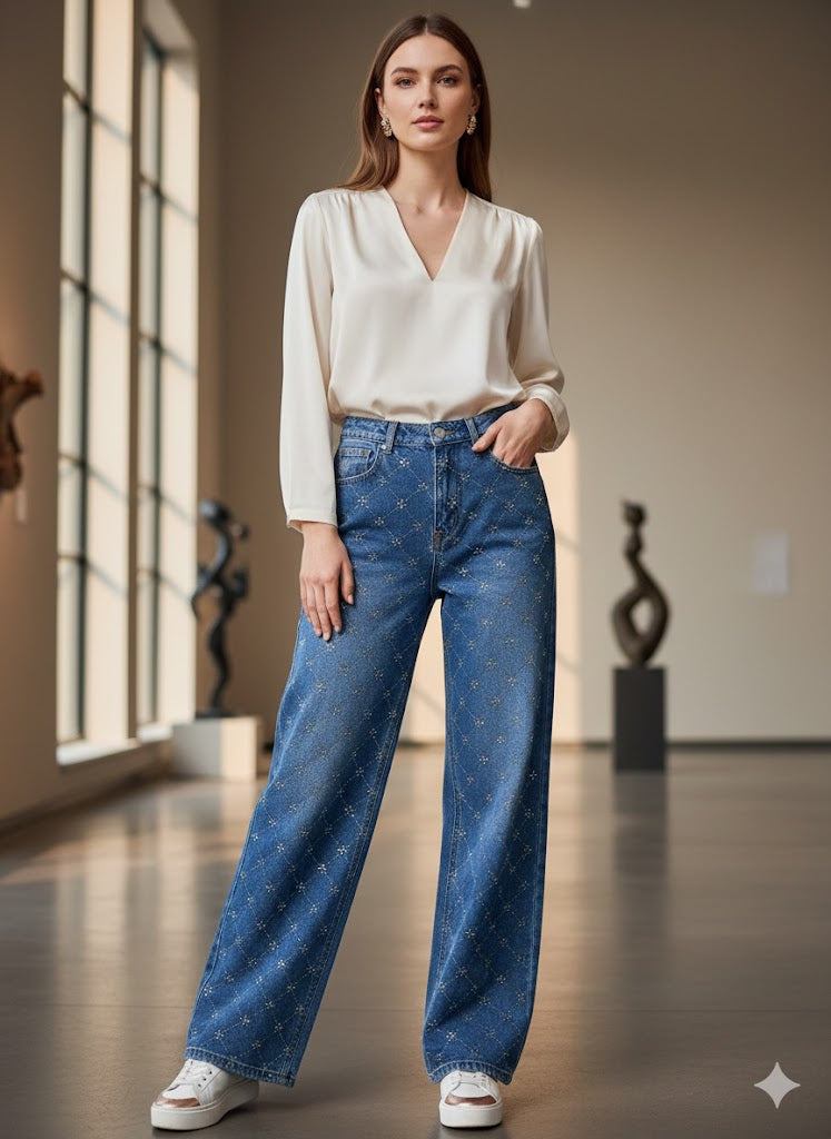 Pantalon LM1111 Denim Rombos Diamantes. Ideal Para Looks Casuales Y Elevados, Para Tallas Petit Y Curvy, Femenina, De La Talla CH  A La Talla G