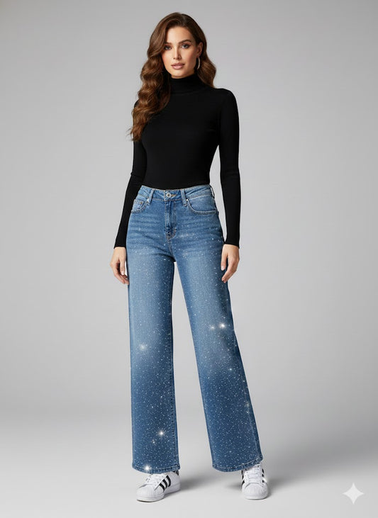 Pantalon D9007 Denim Destellos. Tendencia, Comodidad, Con Look Elegante, Versatil, Femenino, Petit, Con Un Toque De Glamour Discreto.