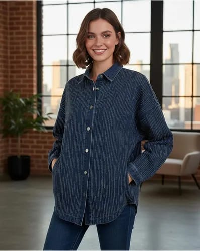 Camisa LM1085 Denim Noche de Gala. De Corte Oversize, Moderno, Comodo, Ligero, Femenino, Sofisticada y Versatil.