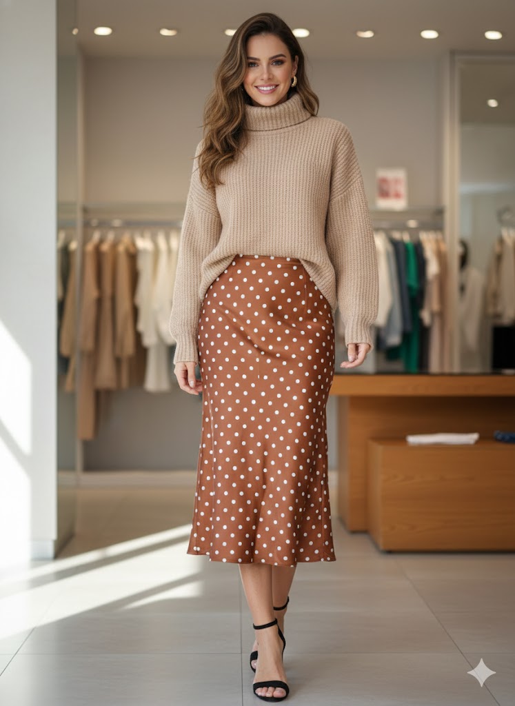 Falda Satin 059-Q26 Lunares. Modelo Sofisticado, Elegante, Femenino, Versatil, Perfecto Para Un Look De Tarde Noche, Con Tallas De CH, M Y G.