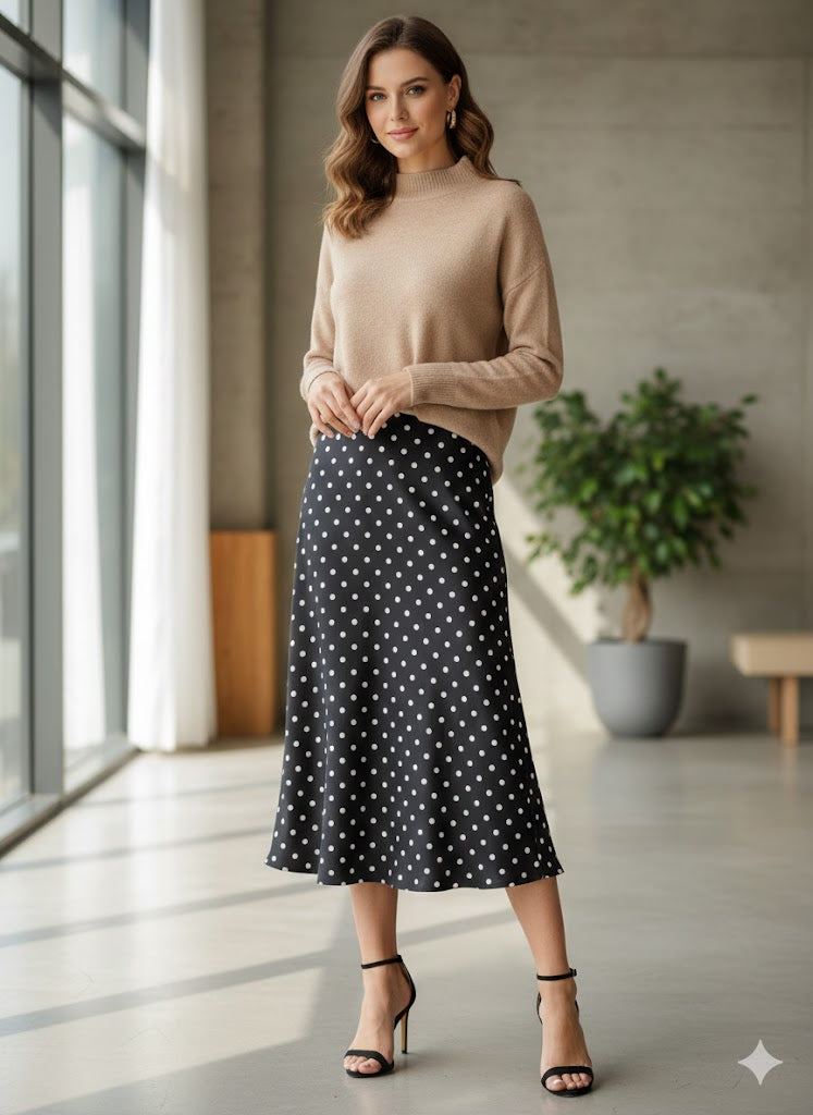 Falda Satin 059-Q26 Lunares. Modelo Sofisticado, Elegante, Femenino, Versatil, Perfecto Para Un Look De Tarde Noche, Con Tallas De CH, M Y G.