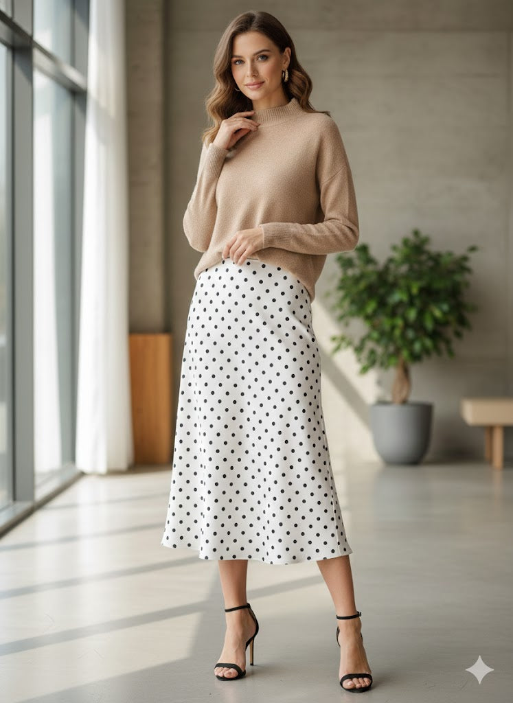 Falda Satin 059-Q26 Lunares. Modelo Sofisticado, Elegante, Femenino, Versatil, Perfecto Para Un Look De Tarde Noche, Con Tallas De CH, M Y G.