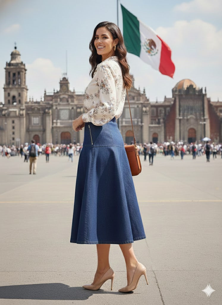 Falda Denim Arya. Este Es Un Modelo Que Ofrece Un Look Elegante Pero Casual, De Corte A, Con Un Movimiento Fluido Al Caminar Y De Silueta Favorecedora, El Largo Es Midi, Llegando Aproximadamente A Media Pantorrilla, Lo Que La Hace Sofisticada Y Versátil.