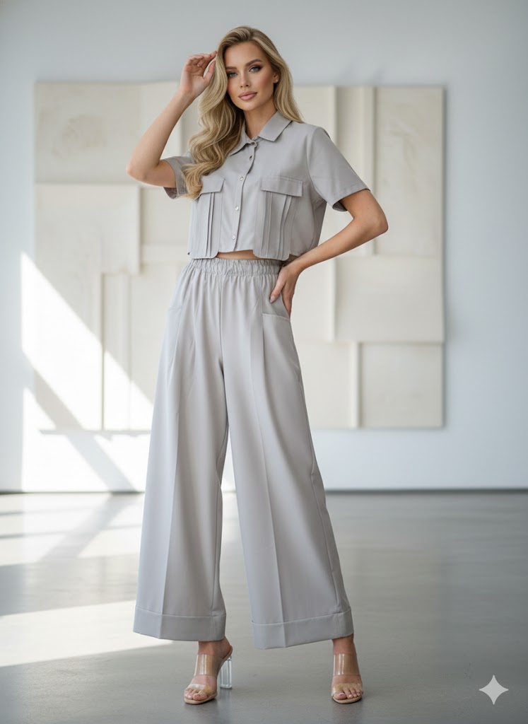 Set Pantaluna Gabardina 2pzs Unitalla Con Bolsas Funcionales Tendencia Viral Pantalones Anchos Moda Femenina mexicana