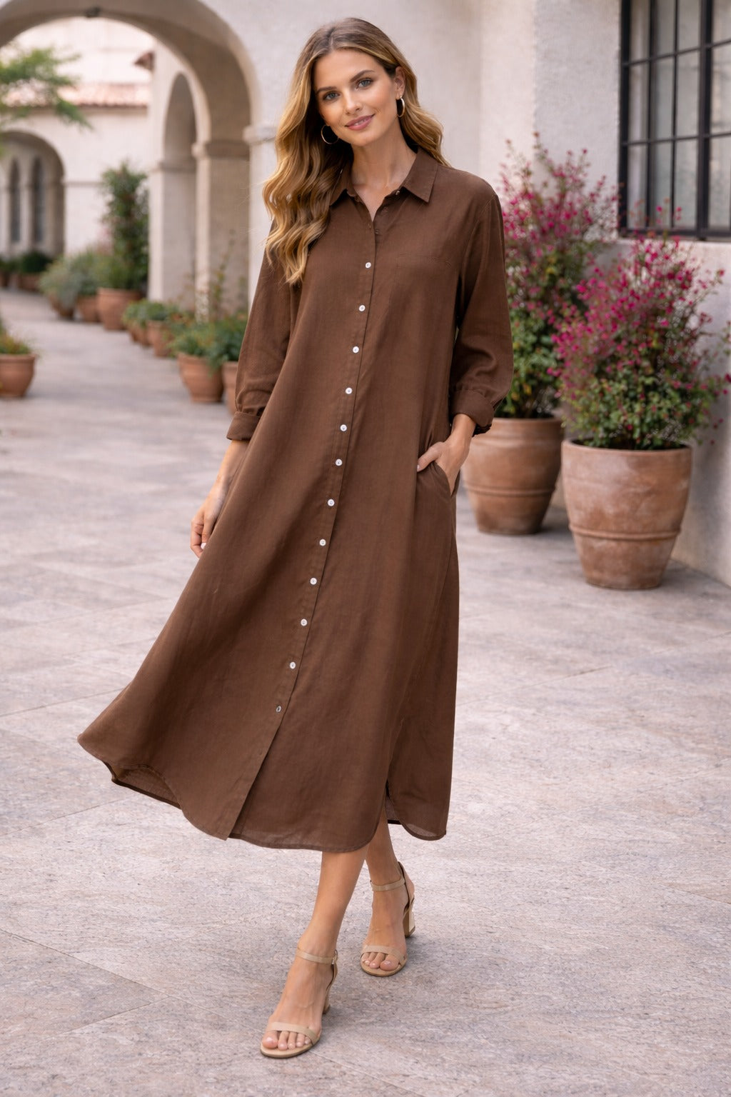 Vestido Camisero De Lino Manga Larga.