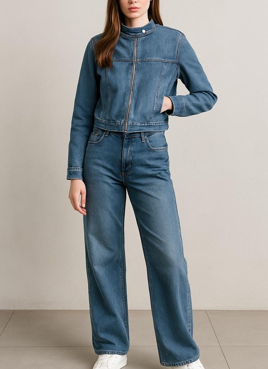 Set Almendra T902 Demi Mezclilla Oscuro  Unico Tono Comodo y Versatil Perfecto Para El Día Día Con Bolsas Funcionales a Los Costados Talla M y G  Para Curvy y Petit Pantalón De Pata Ancha Estilo Casual  Atemporal Moda Femenina Mexicana