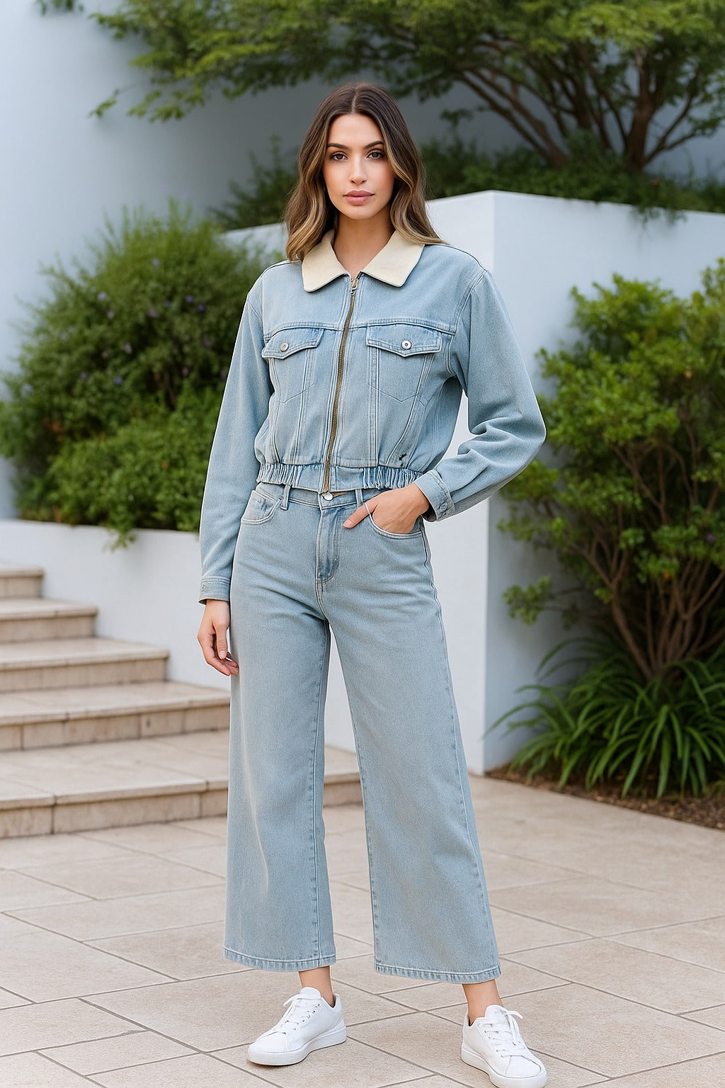 Set Auri Demi Mezclilla Claro Unico Tono Comodo y Versatil Perfecto Para El Día Día Con Bolsas Funcionales a Los Costados Talla M y G  Para Curvy y Petit Pantalón De Pata Ancha Estilo Casual  Atemporal Moda Femenina Mexicana