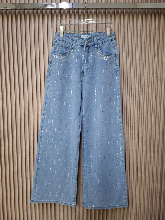 Pantalon LM1078 Talla S M y G En Mezclilla Clara Oscuro y Negro Con Brillos Enfrente Para Mujer Moda Femenina Viral Tendencia Corte Recto