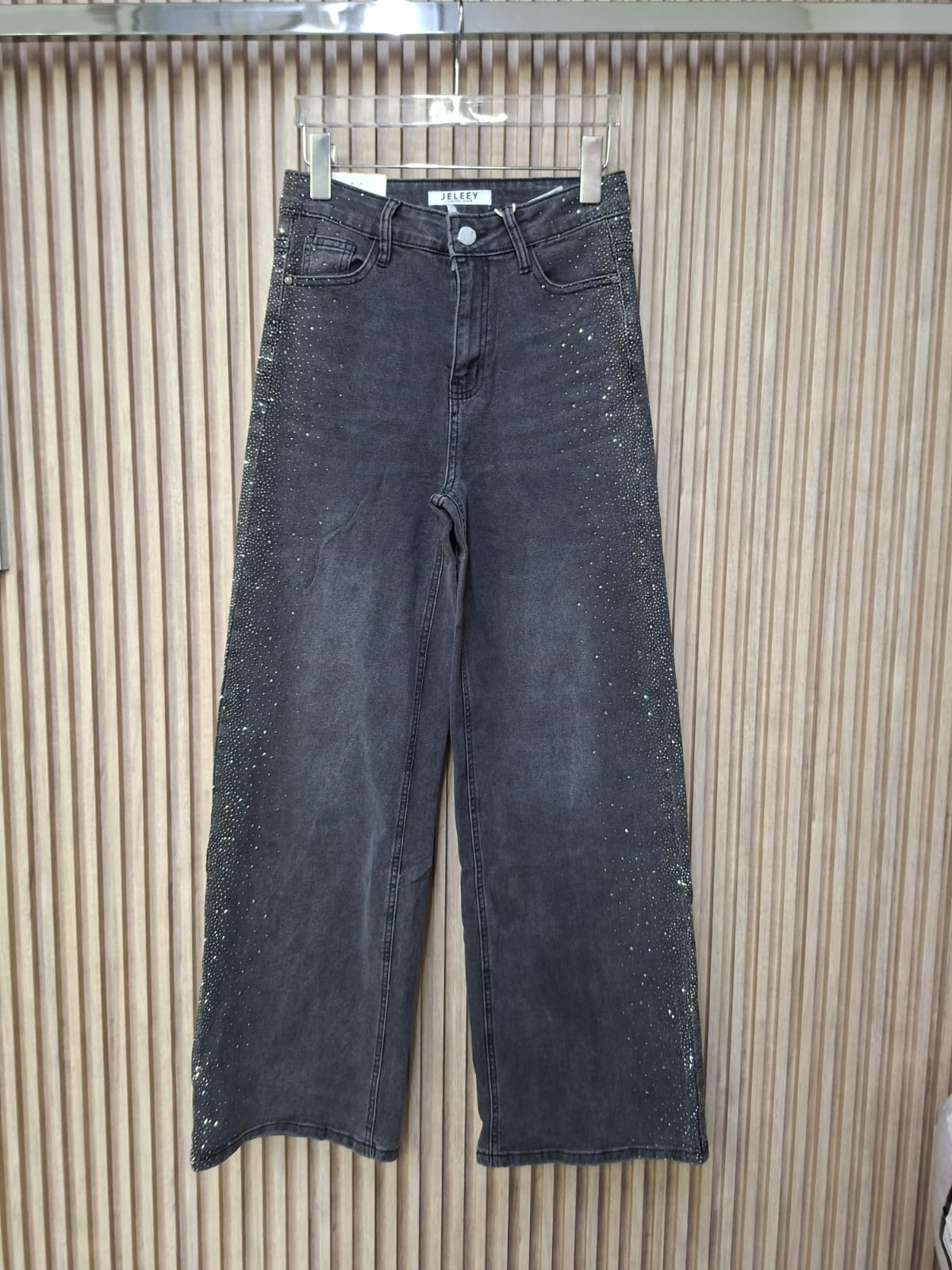 Pantalón Wide Leg Gris Oscuro con Aplicación de Brillantes T7059 TALLA 5-15, Ideal Para Uso  Diario, Para Petit Y Curvy, Moda Femenina, Tendencia Viral, Casual Y Elegante.