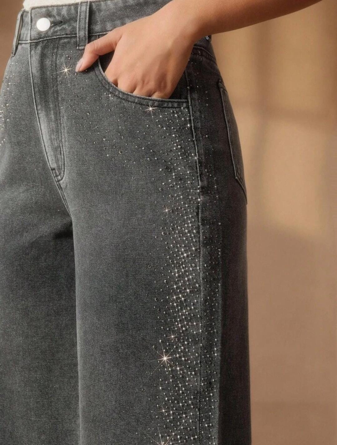 Pantalón Wide Leg Gris Oscuro con Aplicación de Brillantes T7059 TALLA 5-15, Ideal Para Uso  Diario, Para Petit Y Curvy, Moda Femenina, Tendencia Viral, Casual Y Elegante.