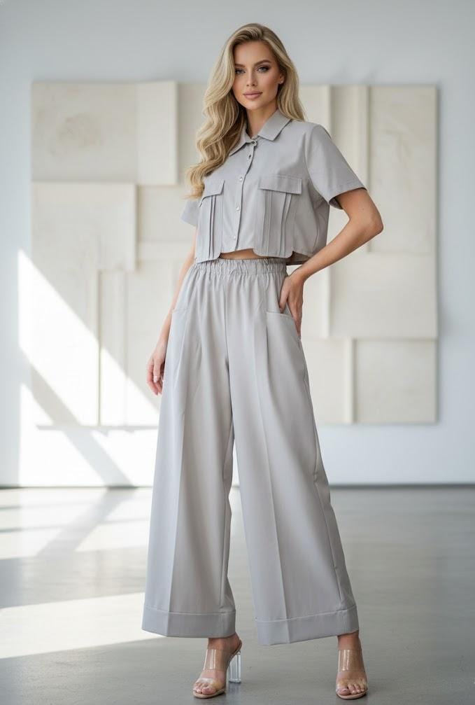 Set Pantaluna Gabardina 2pzs Unitalla Con Bolsas Funcionales Tendencia Viral Pantalones Anchos Moda Femenina mexicana